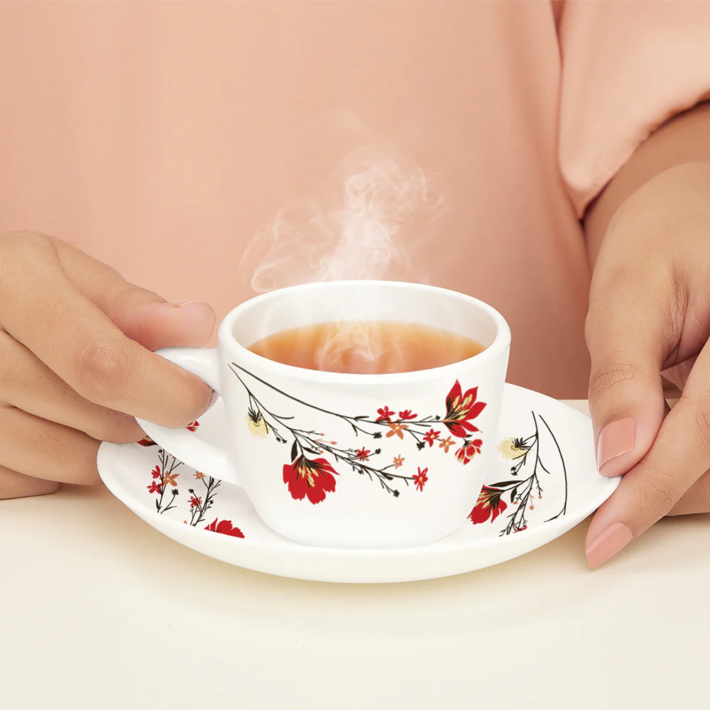 Larah by Borosil Chrys Red Cup n Saucer Set, 140ml x 12