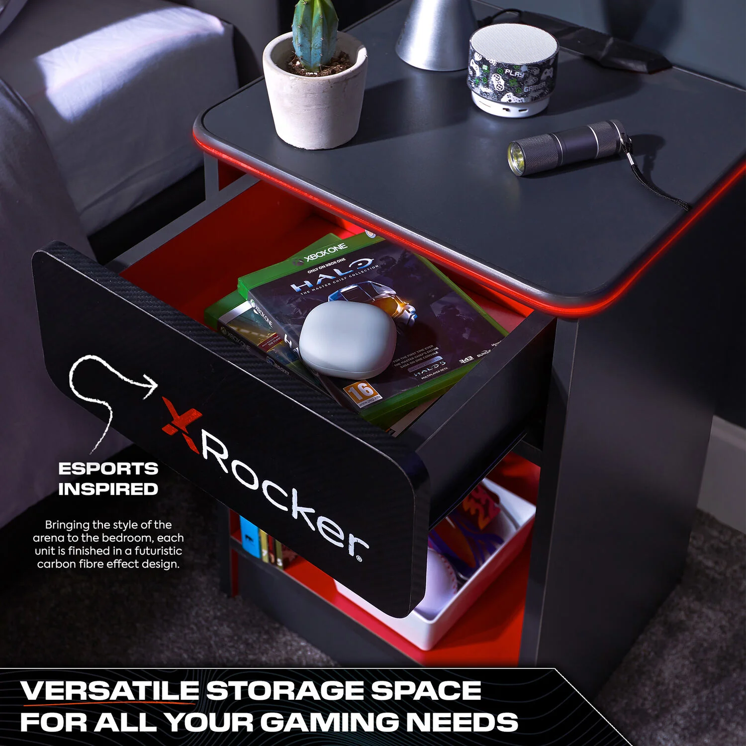 Carbon-Tek LED Bedside Side Table with Wireless Charging and Drawer - Grey / Red RGB