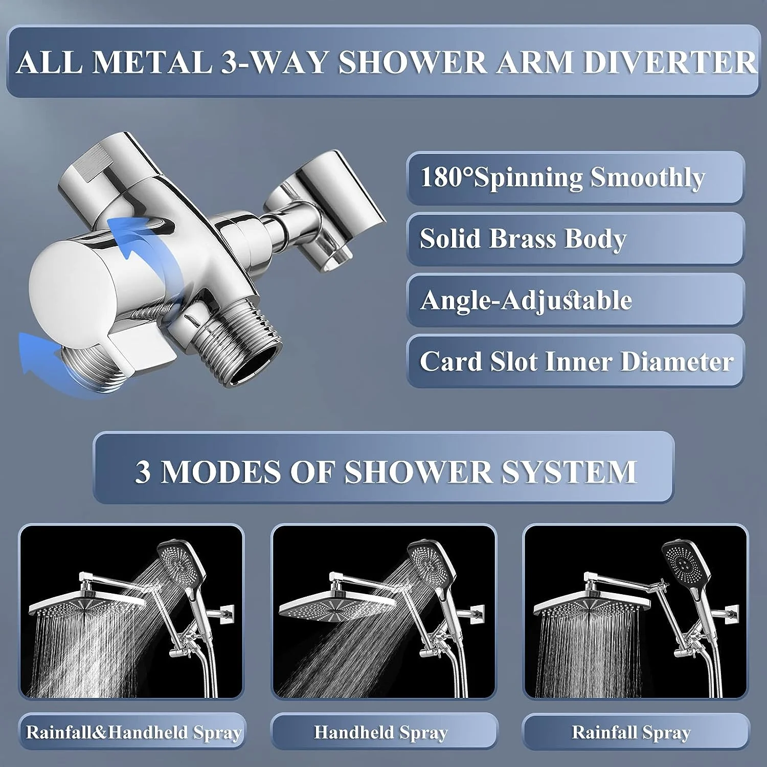 12 Inch Shower Head With With 3+1 Settings Handheld Spray, Including 3-Way Diverter, Extension Arm, Height/Angle Adjustable