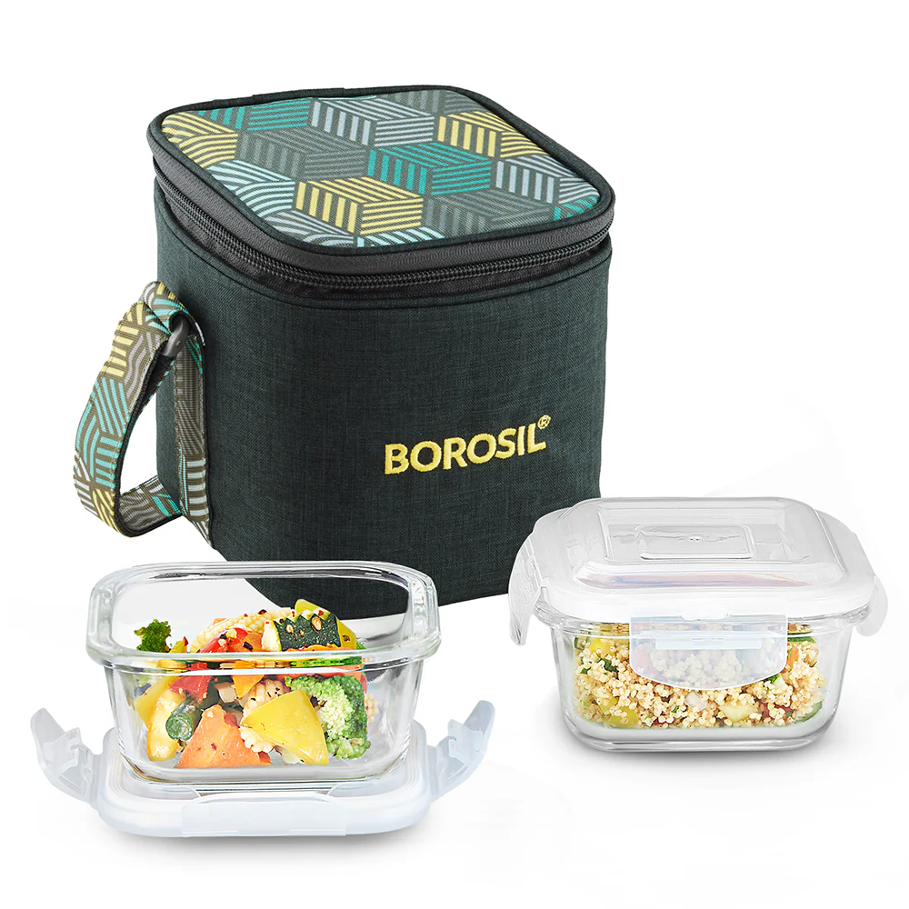 Borosil Foodluck Olive Glass Lunchbox, Square x 2 (Tall)