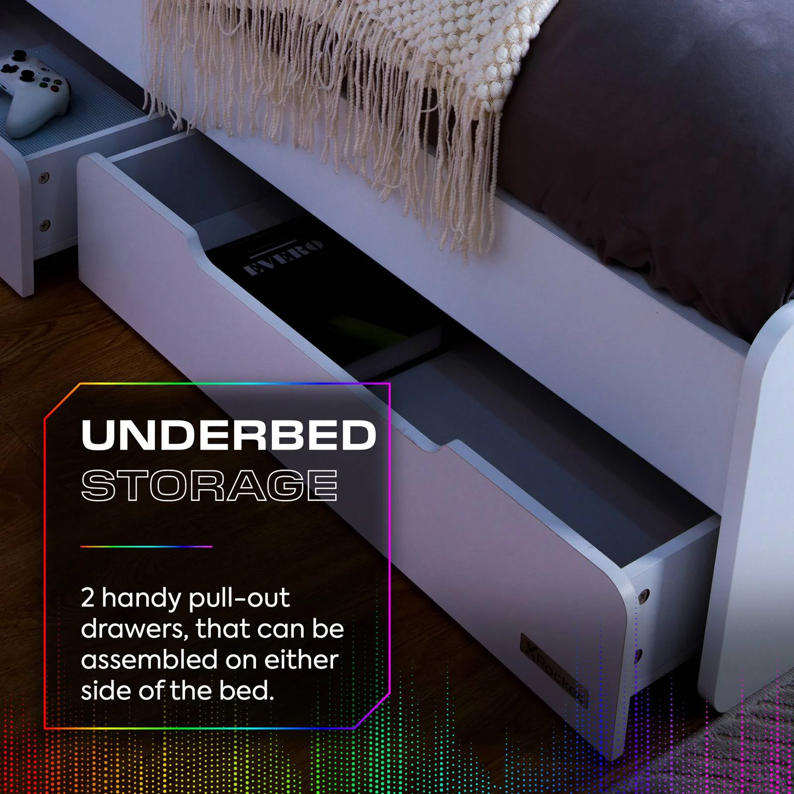 Electra LED Single Gaming Bed with Drawers - White RGB