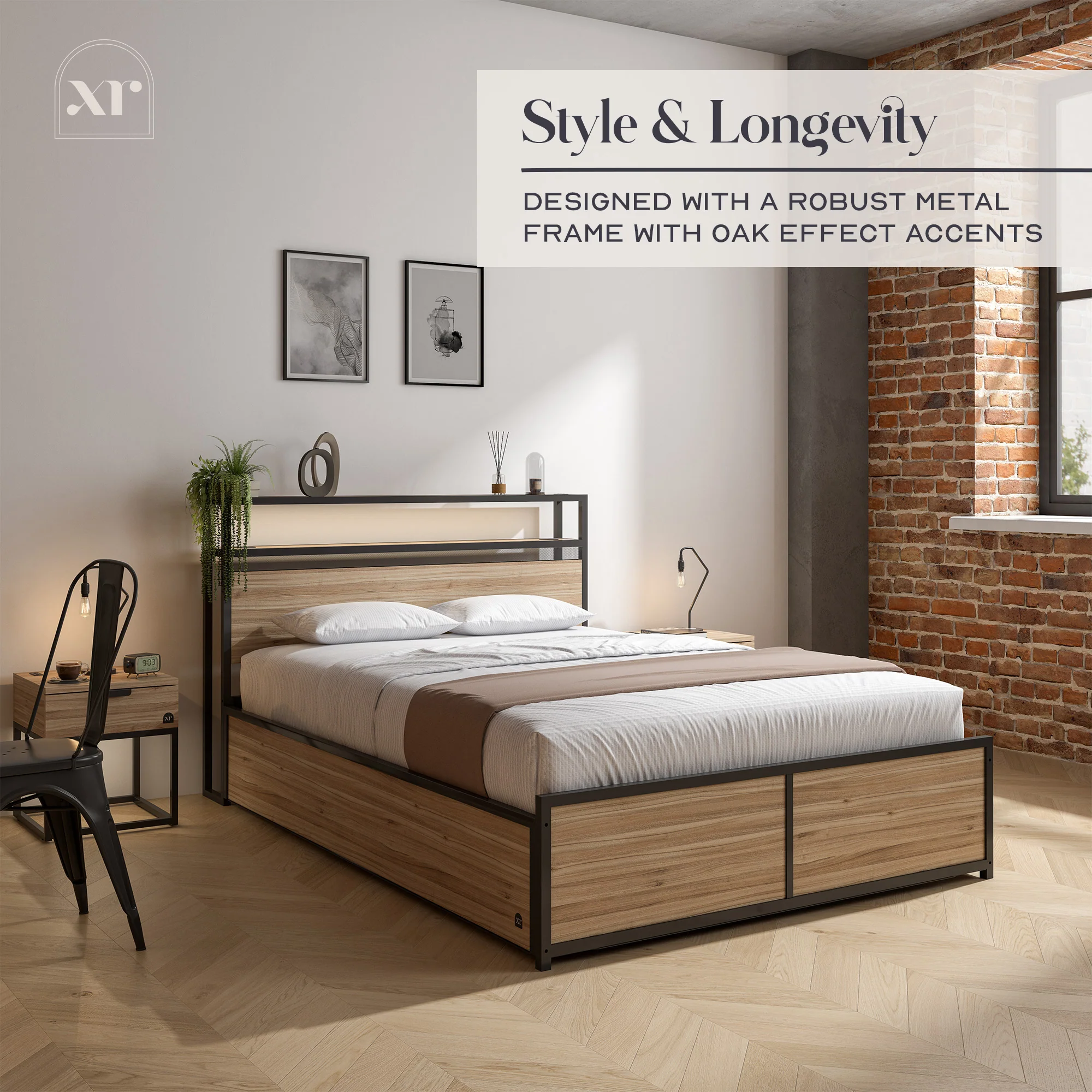 Denver Double Ottoman Bed With App Controlled LED Lighting - Oak/Black