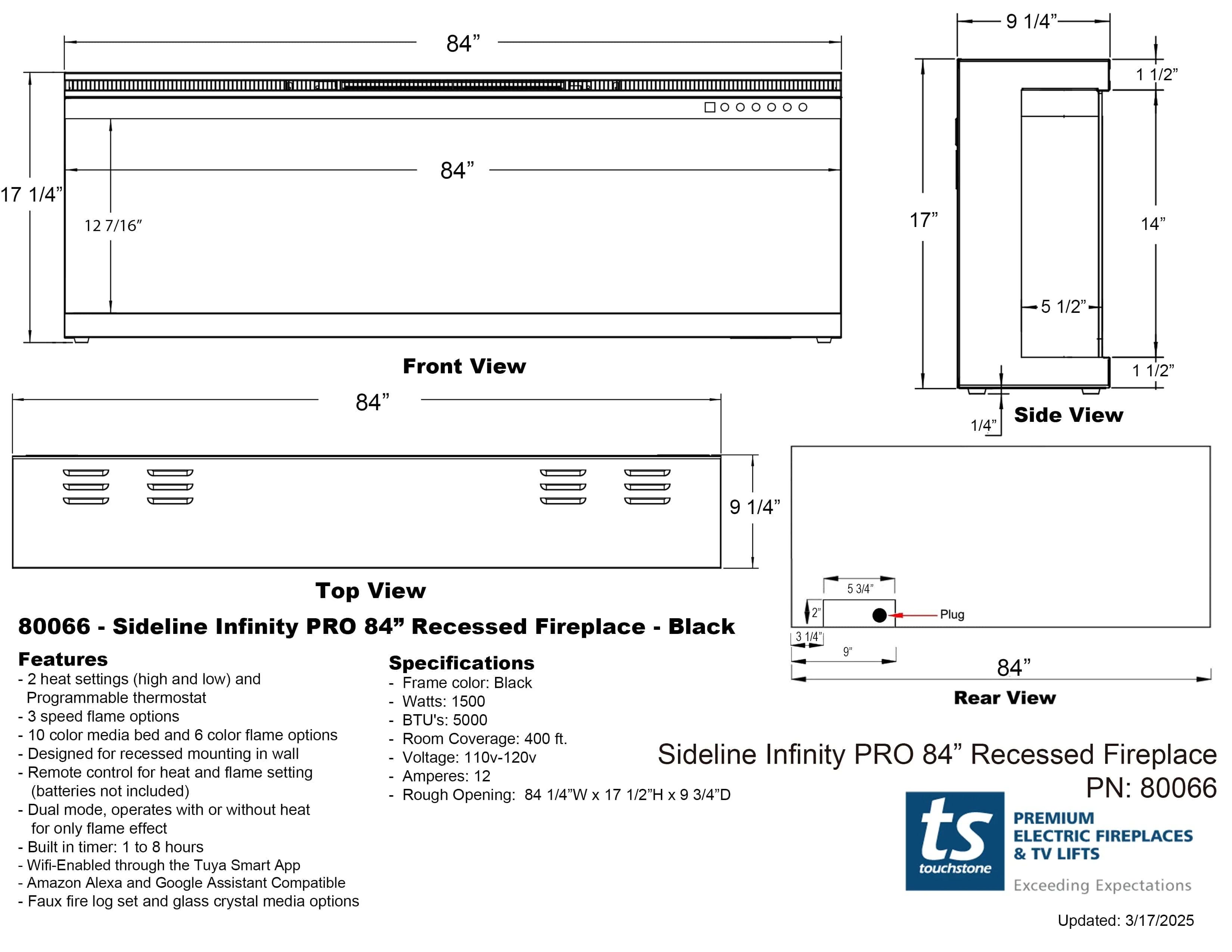 Sideline Infinity Pro 84 Inch 3 Sided Recessed Smart Electric Fireplace 80066