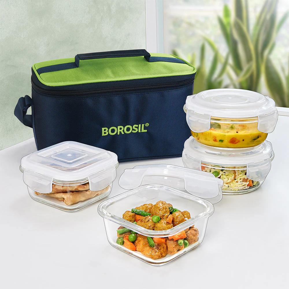 Alfa Green Universal Glass Lunch Box, Set of 4 (320ml x 2 + 240ml x 2)