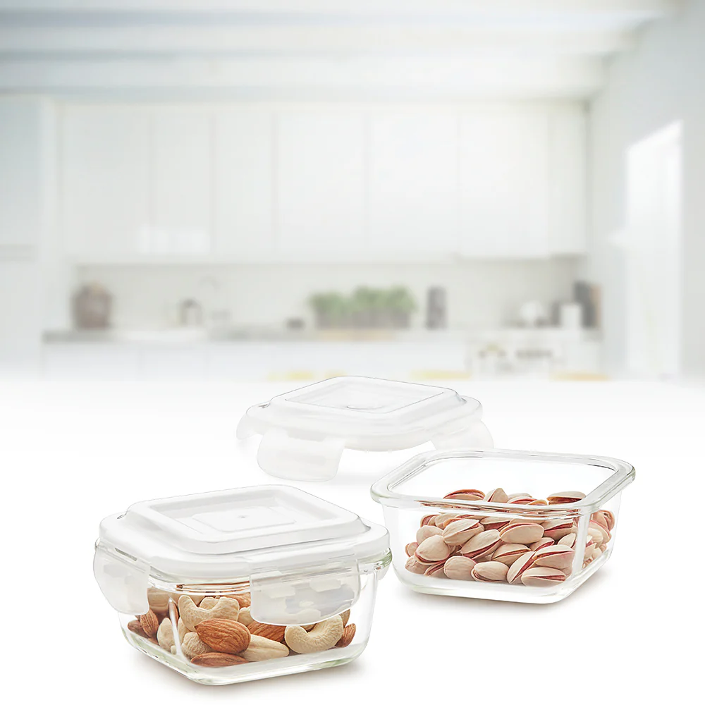 Borosil Tuff-Glass Klip n Store, Square, Set of 2, Containers