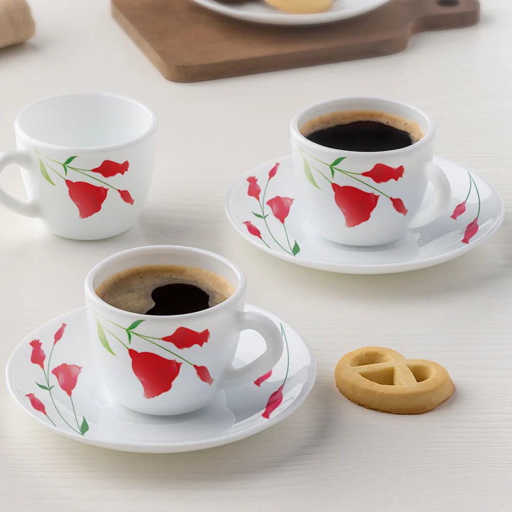 Larah by Borosil Diana Cup n Saucer Set, 140ml x 8