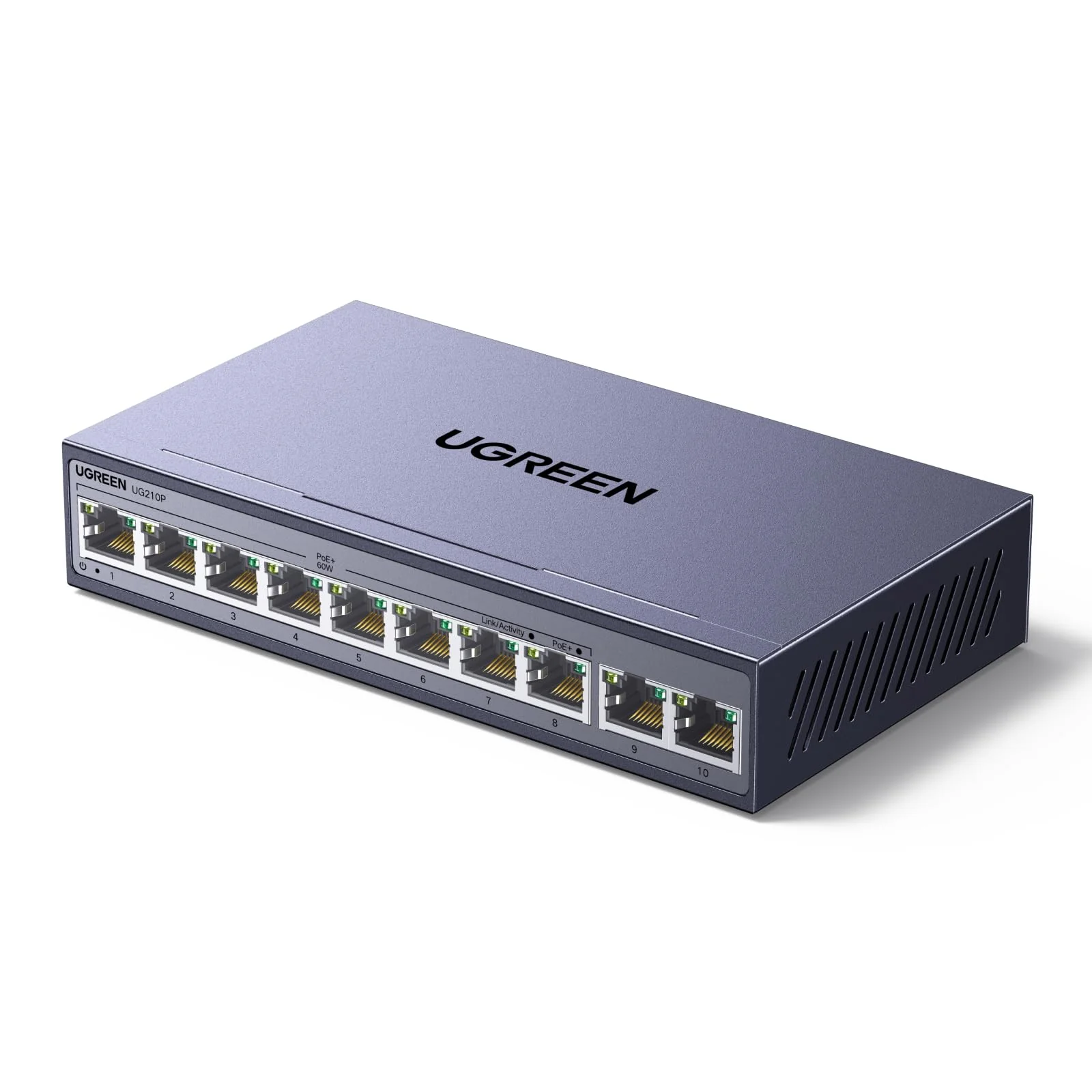 UGREEN Ethernet Switch, 10-Port PoE Switch, 8 PoE+@60W and 2 Gigabit Uplink, Plug & Play, Auto/VLAN/Extend Mode, Sturdy Metal, Desktop or Wall Mount Network Splitter Hub for Security Camera, IP Phone