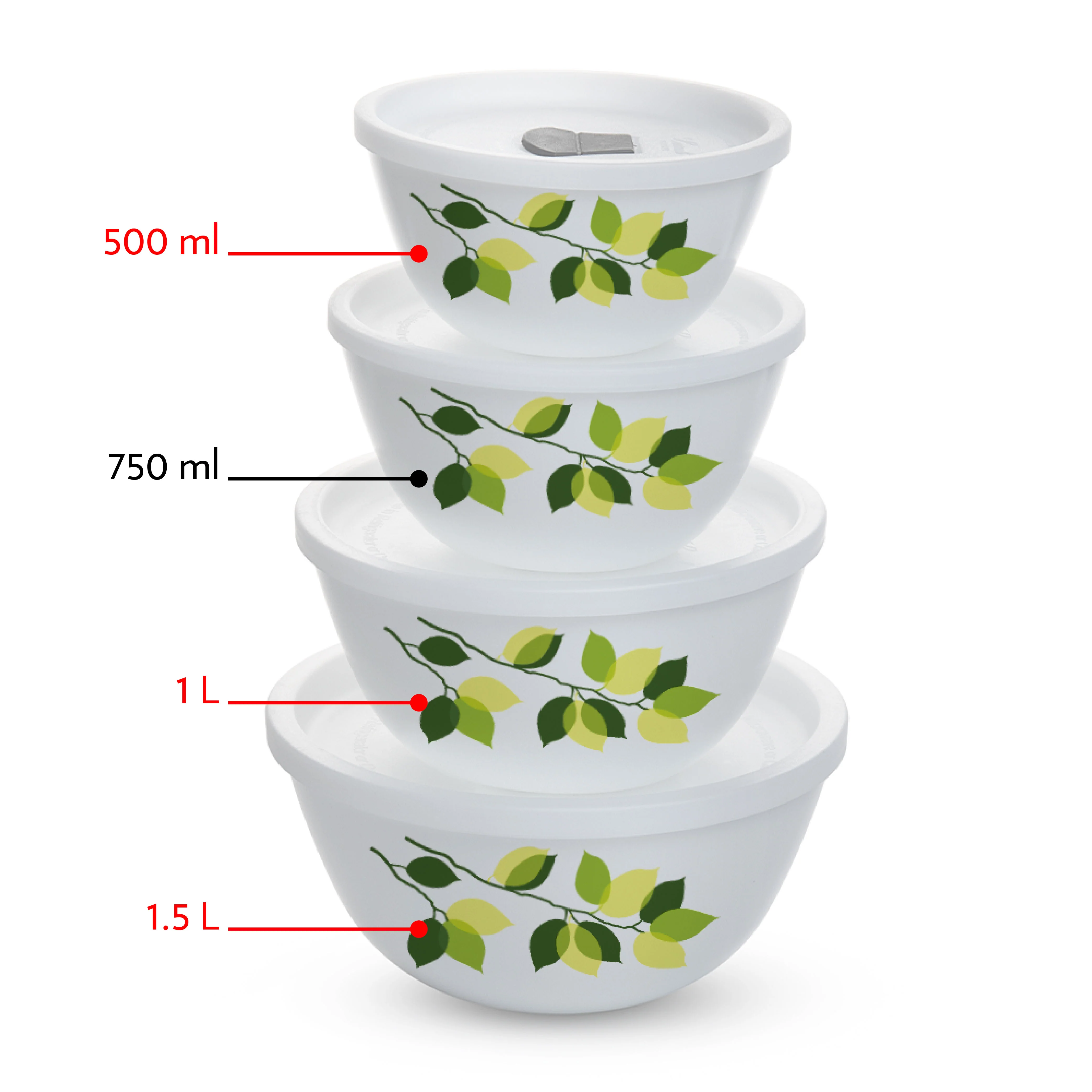 Larah by Borosil Green Leaves 4 pc Mixing Bowl, 500 ml + 1 L + 1.5 L