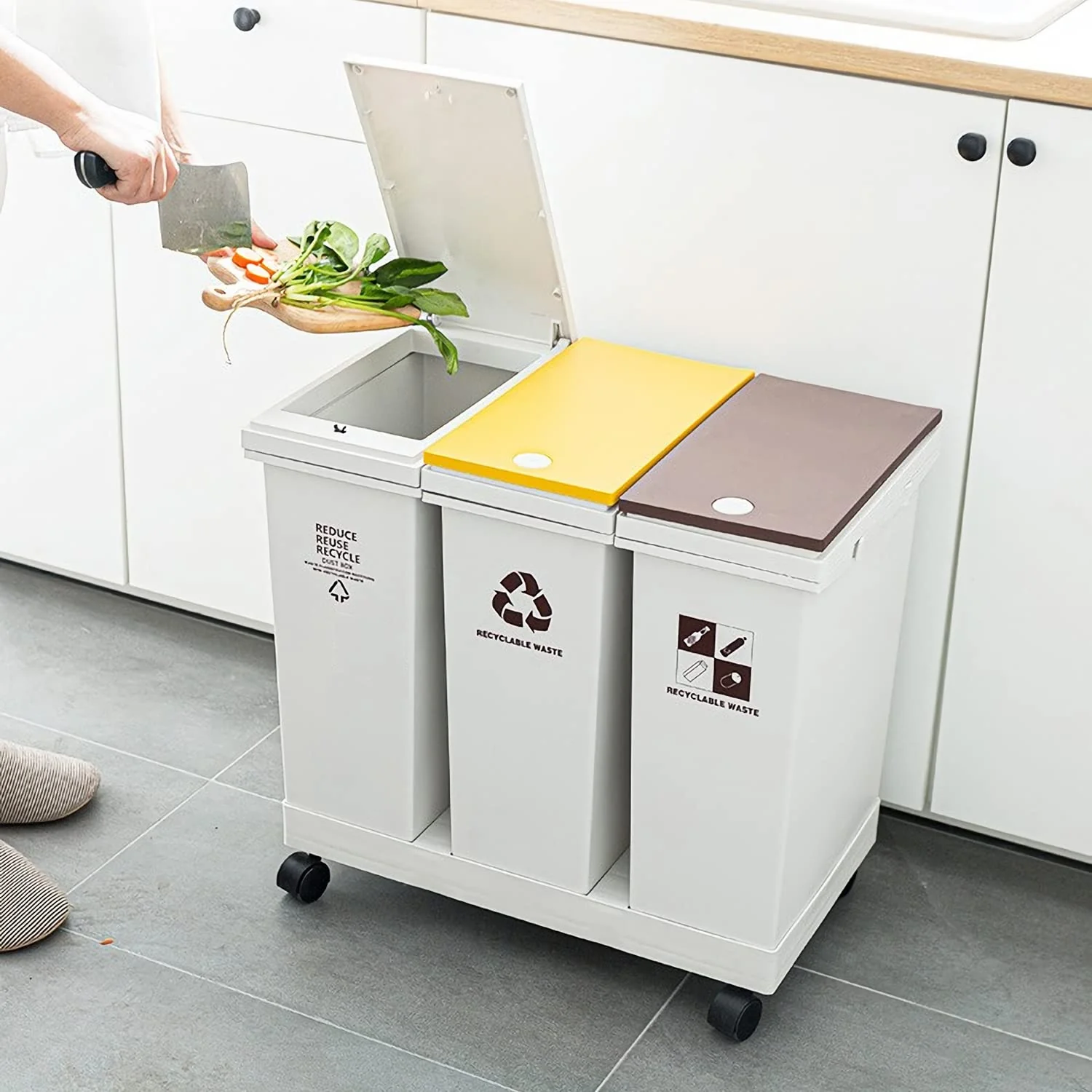 Recycle Kitchen Trash Can 20L x 3 Sorting Waste Bin with Lid Total 16 Gallon, 60L