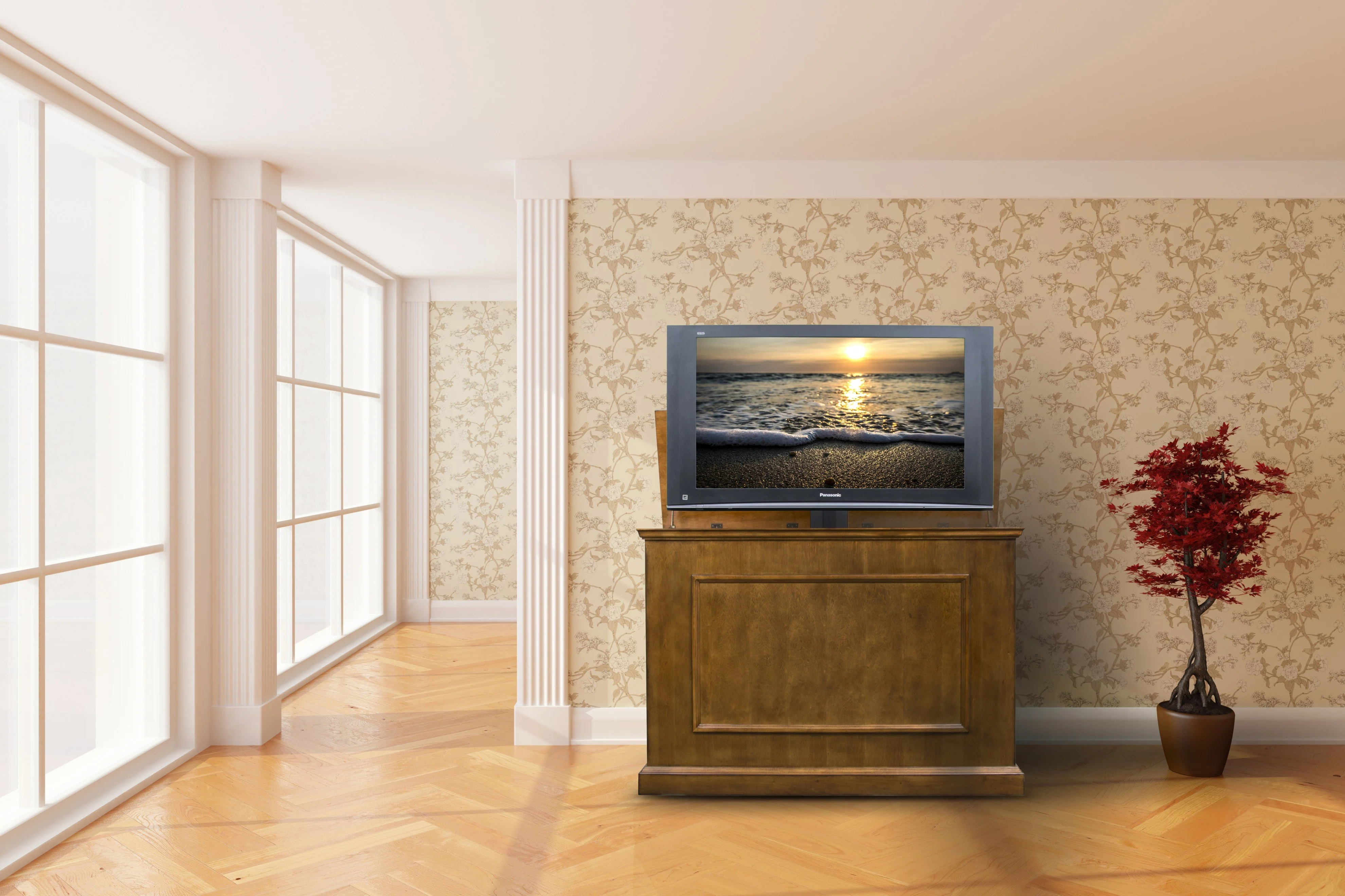 The Elevate 72009 Honey Oak Smart TV Lift Cabinet for 50 Inch Flat screen TVs