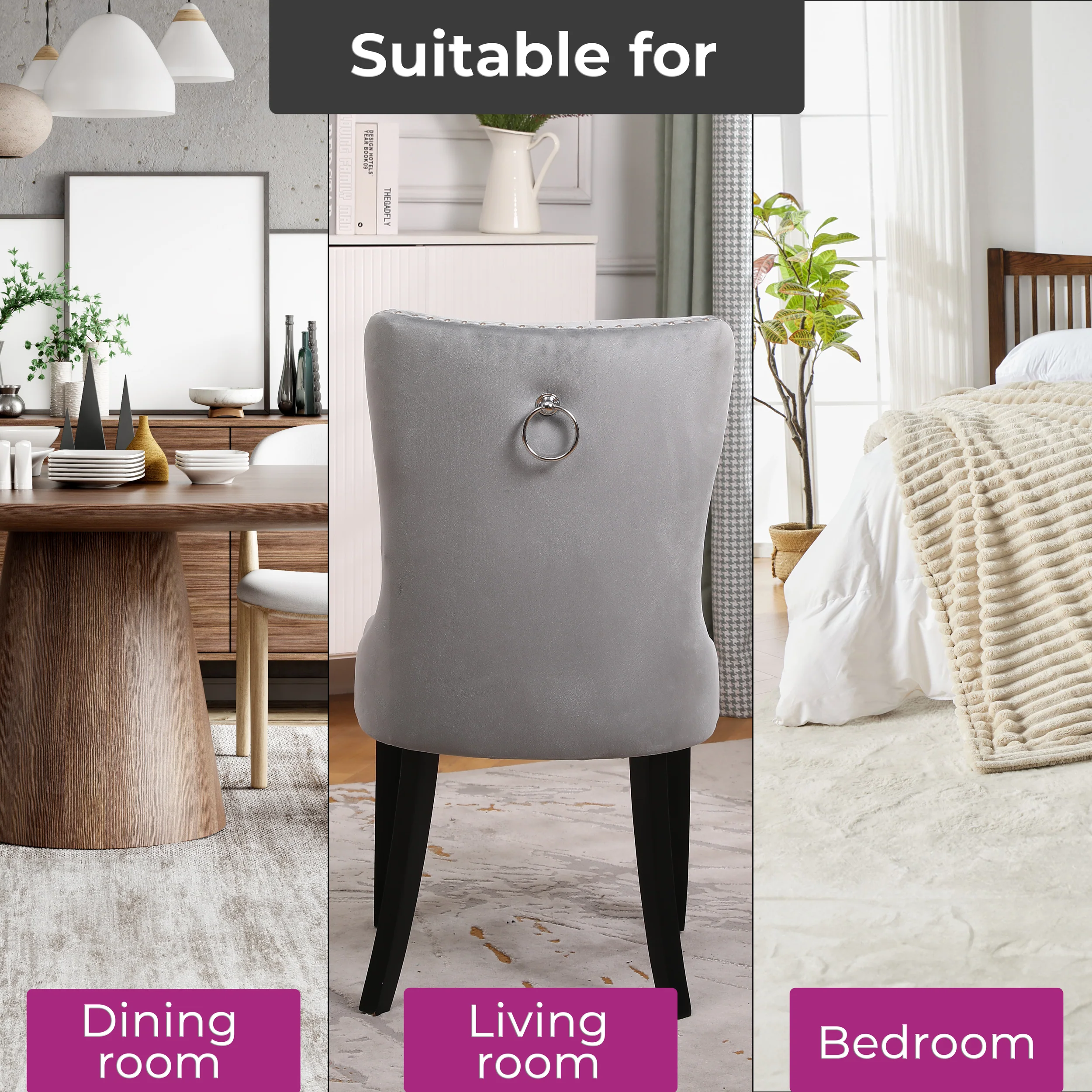 Neo Set of Four Grey Studded Velvet Dining Table Chairs with Ring Knocker Detail