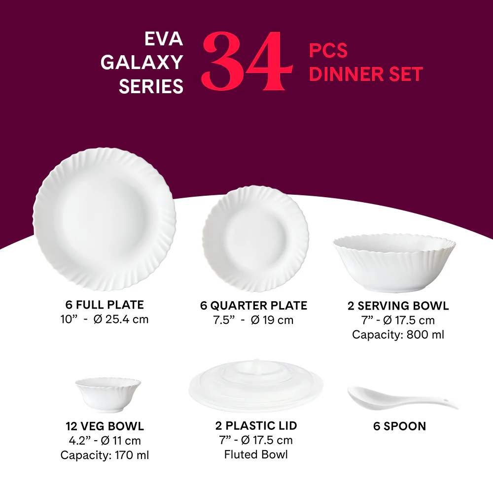 Larah by Borosil, Eva Dinner Set, 34 pc