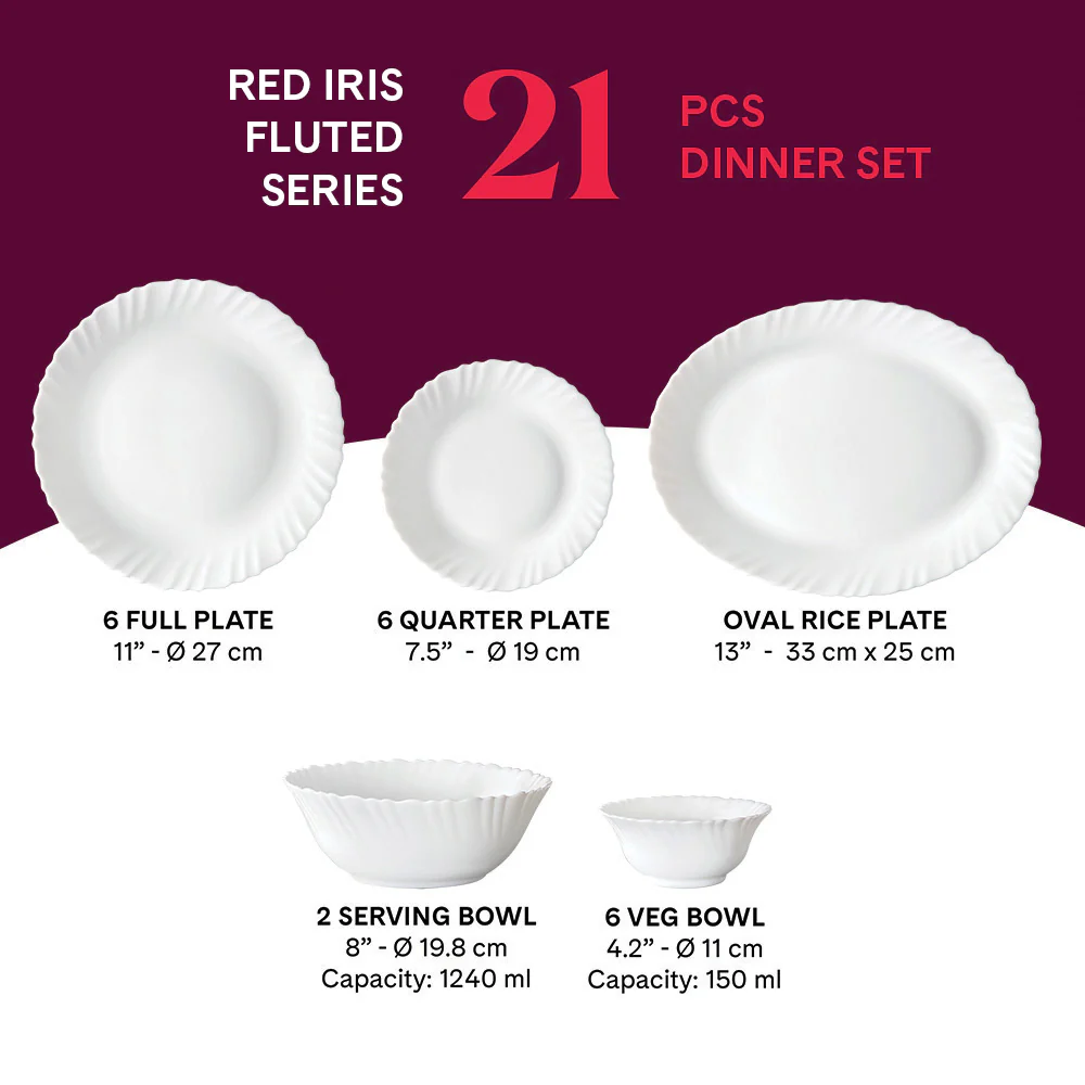 Larah by Borosil Red Iris Dinner Set, 21 pc