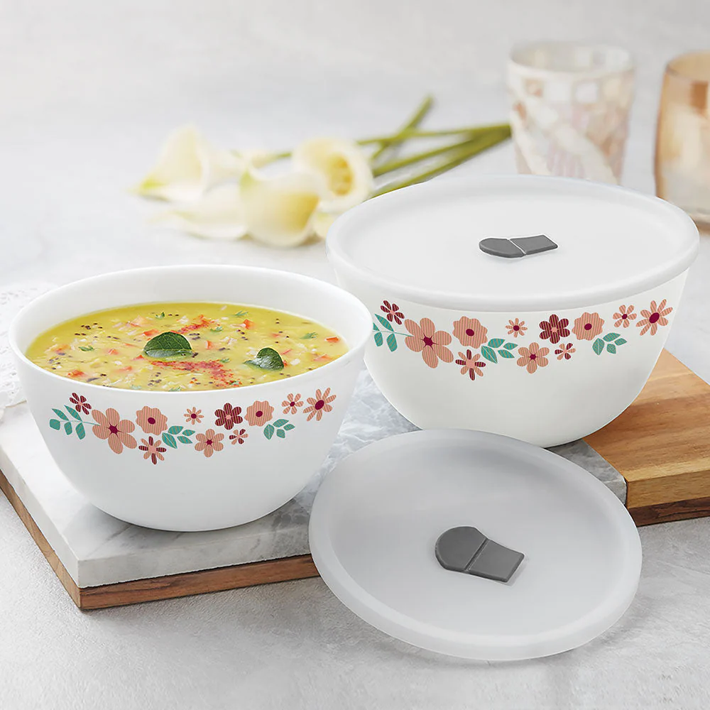 Larah by Borosil Ayana Mixing Bowl Set w Lid, 4 pc Set (500ml + 750ml)