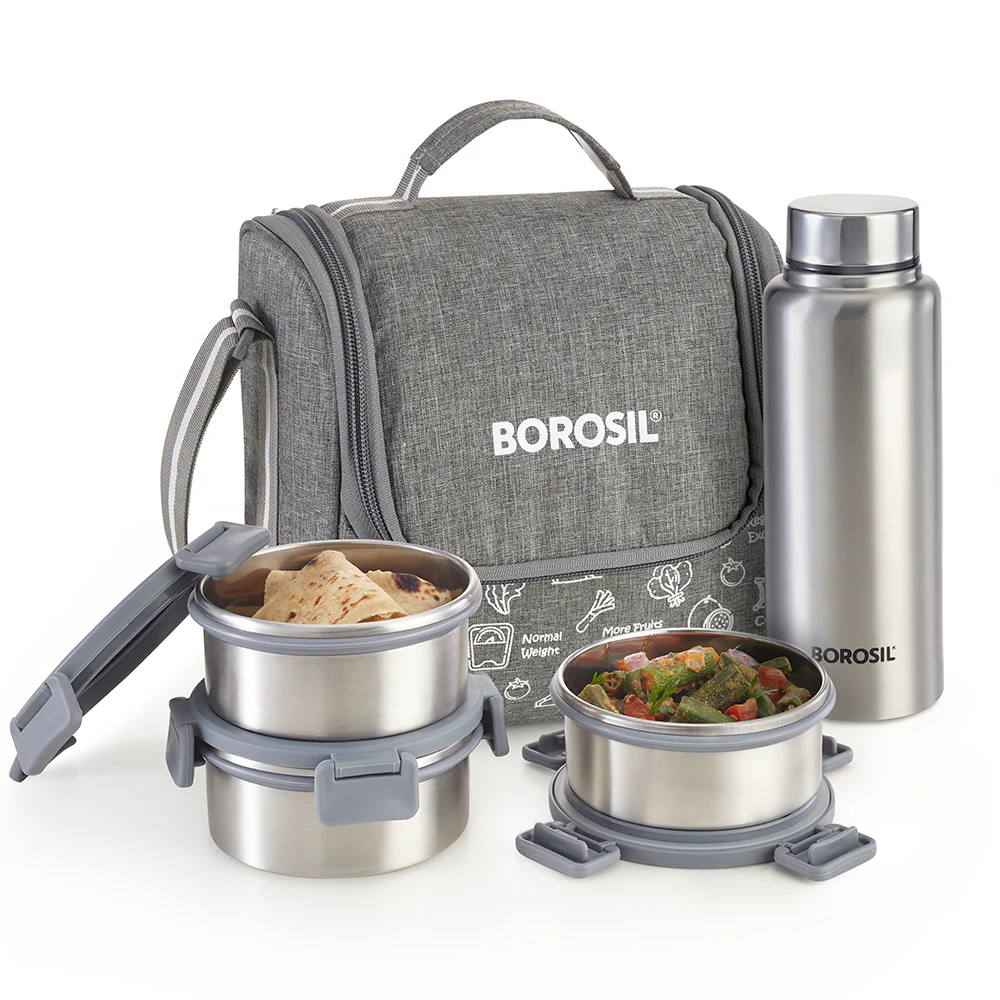 Borosil Slate Stainless Steel Lunchbox w SS Bottle, (280ml x 3) + (600ml Bottle x 1)