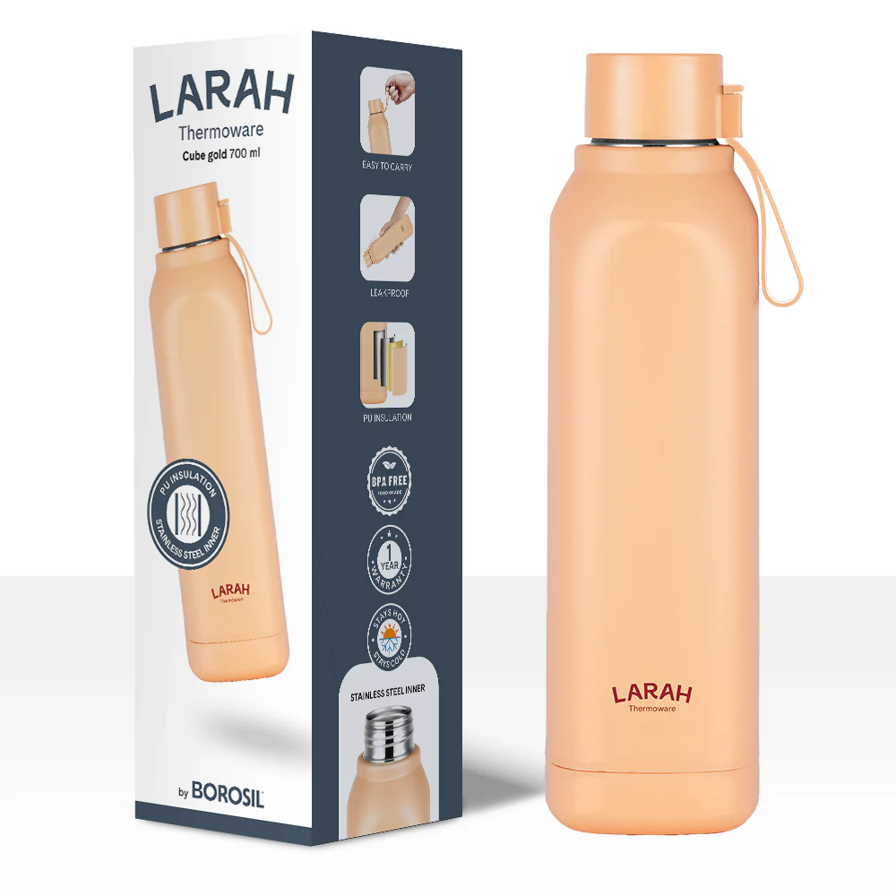 Larah Cube Square PU Thermoware Bottle, 700 ml, Gold