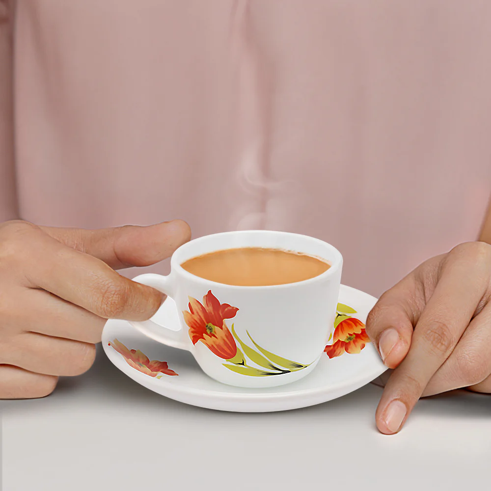 Larah by Borosil Red Iris Cup n Saucer Set, 90ml x 12