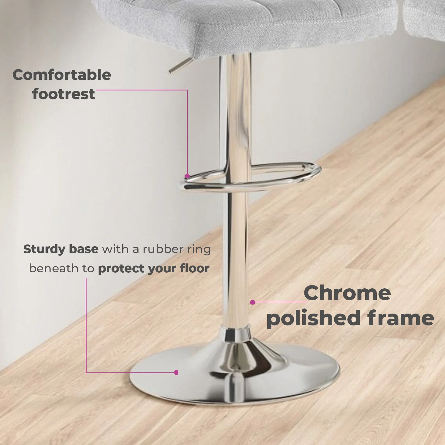 Neo Bar Stool Grey Fabric & Polished Steel Base Set of Two