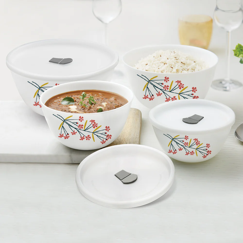 Larah by Borosil Red Bud 4 pc Mixing Bowl, 500 ml + 750 ml + 1 L + 1.5 L