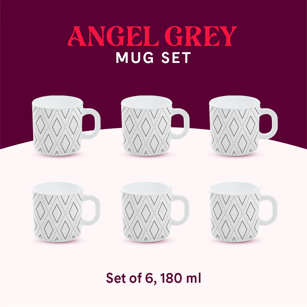 Larah by Borosil Angel Grey Mug Set, 180ml x 6