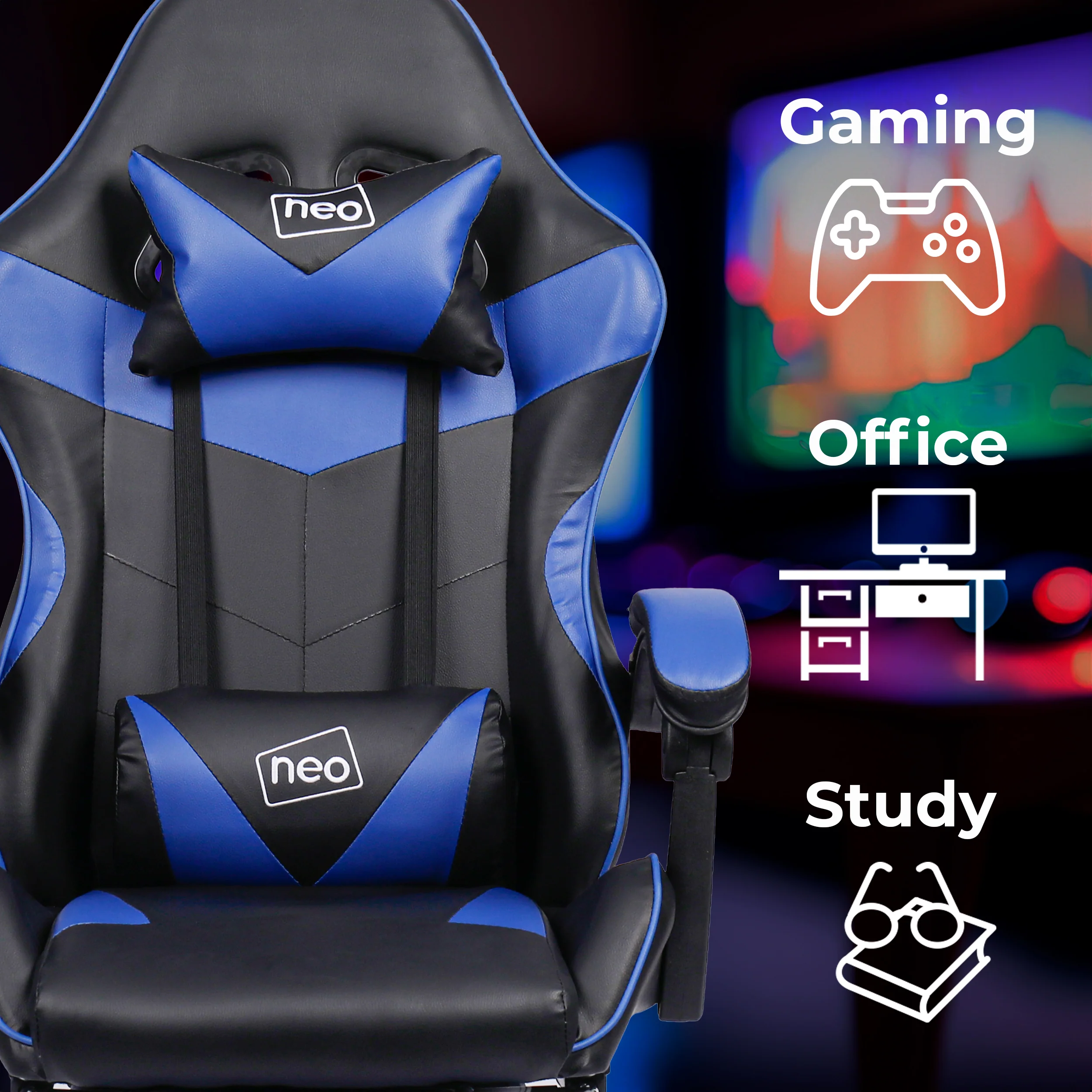 Neo Gaming Chair Blue & Black PU Leather With Footrest