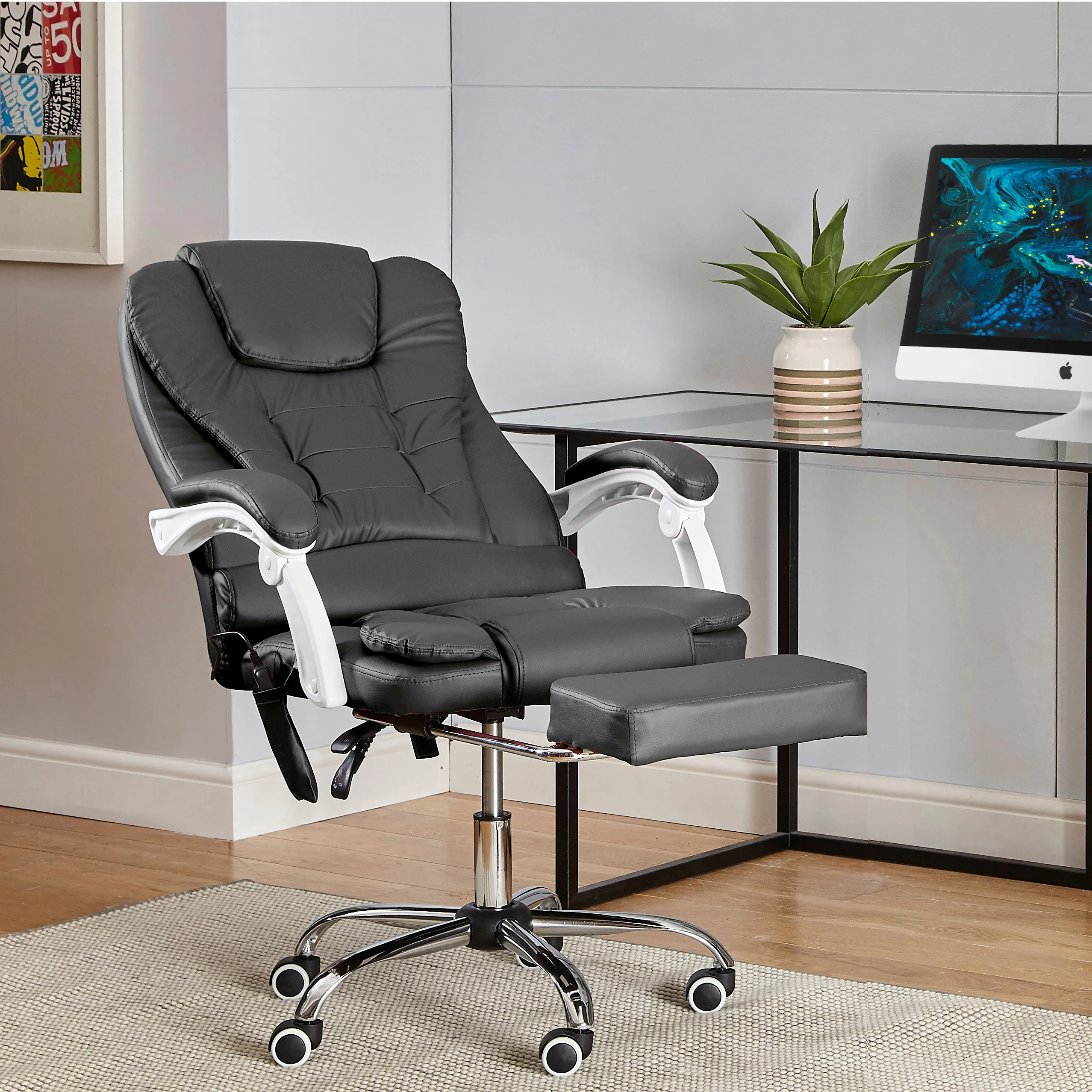 Neo Office Chair Dark Grey Faux Leather With Footrest & Massage Function
