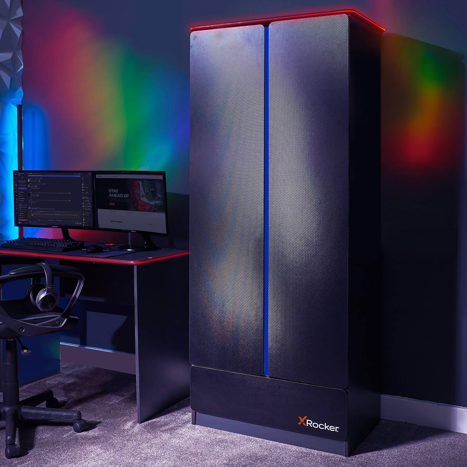 Carbon-Tek LED 2-Door Wardrobe with Drawer - Grey / Blue RGB