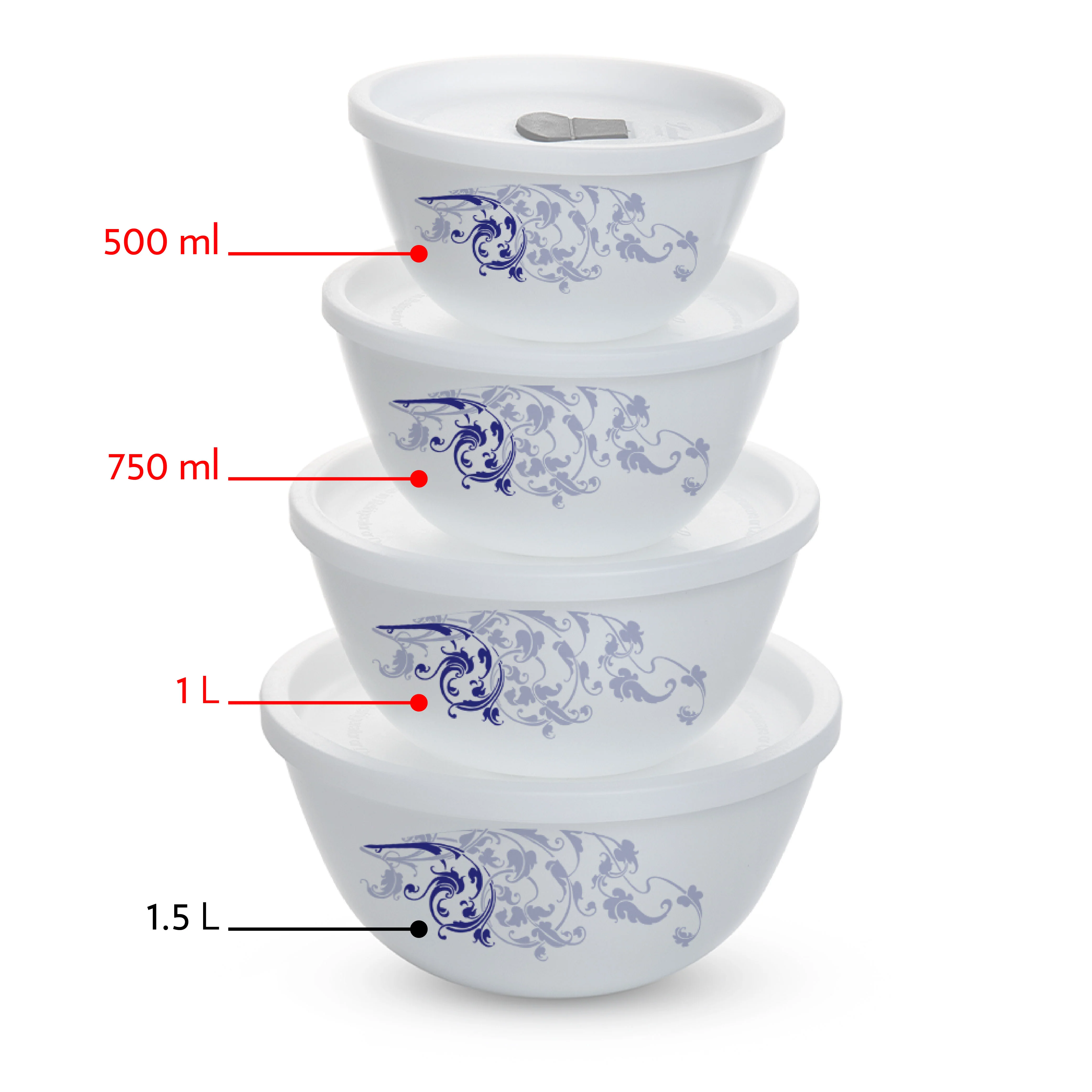 Larah by Borosil Blue Eve Mixing Bowl Set w Lid, 6 pc Set (500ml + 750ml + 1 L)