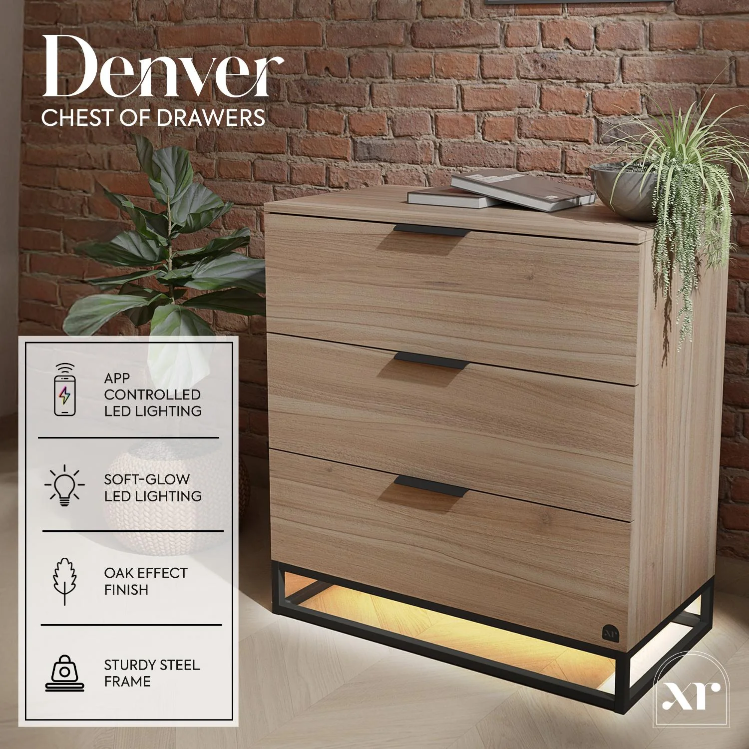 Denver Chest Of 3 Drawers with App Controlled LED Lights - Oak / Black