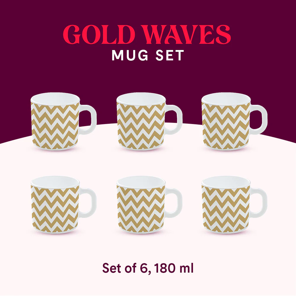 Larah by Borosil Gold Waves Mug Set, 180ml x 6