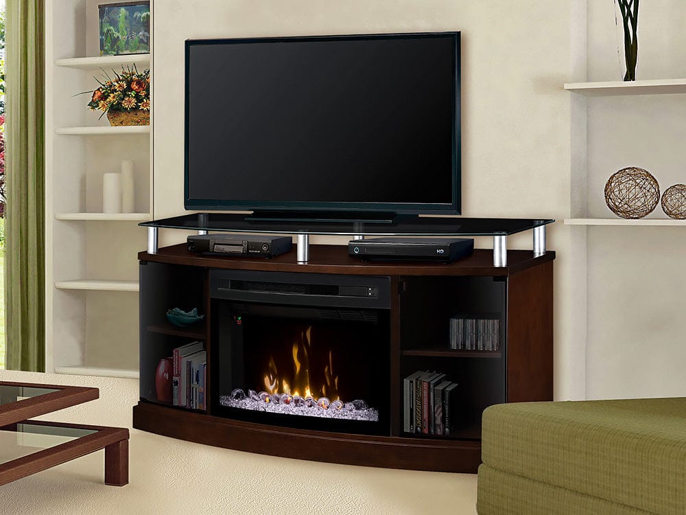 Windham Electric Fireplace Media Console in Mocha w/ Curved Firebox & Acrylic Ice