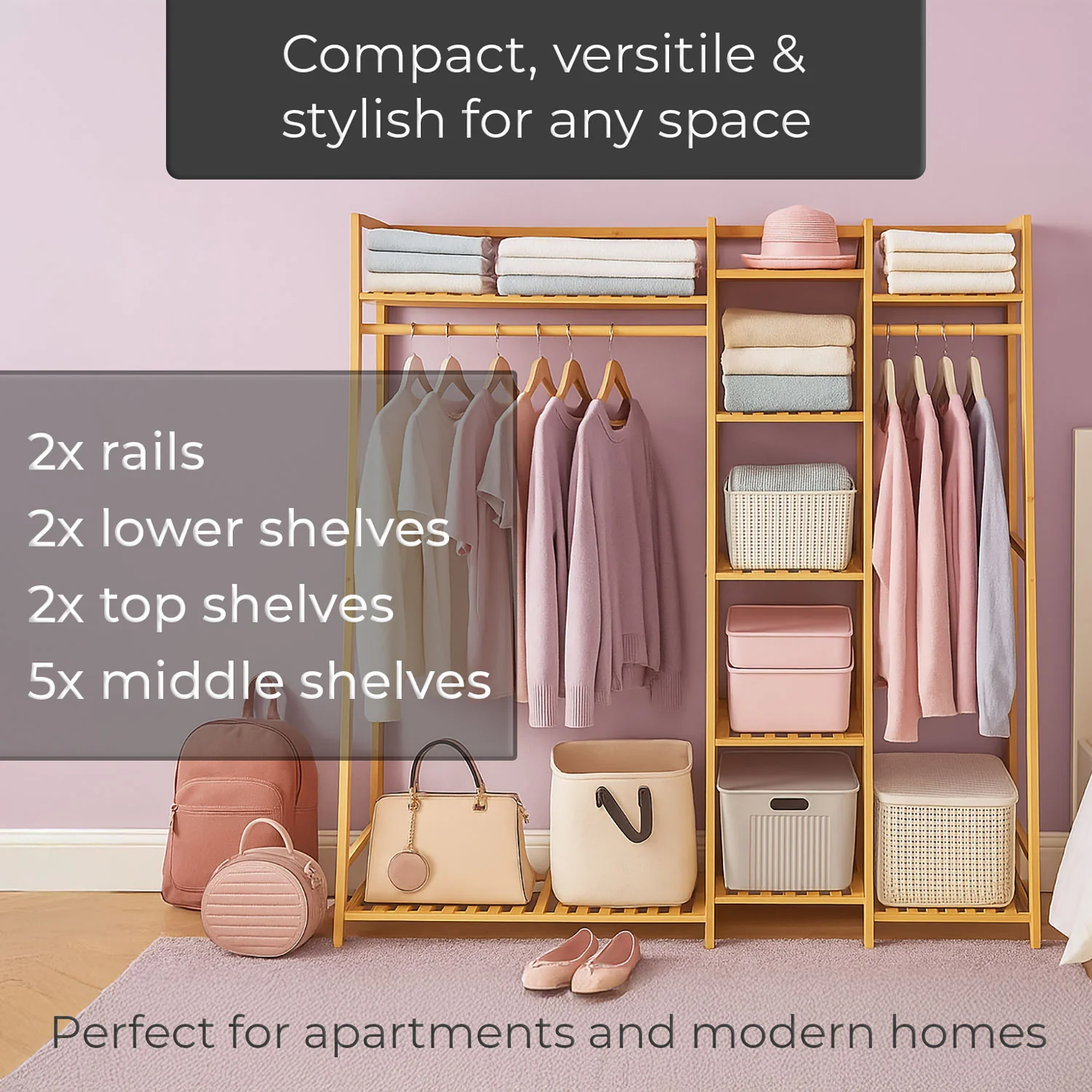 Neo Natural Bamboo Freestanding Open Clothes Rail & Shelves