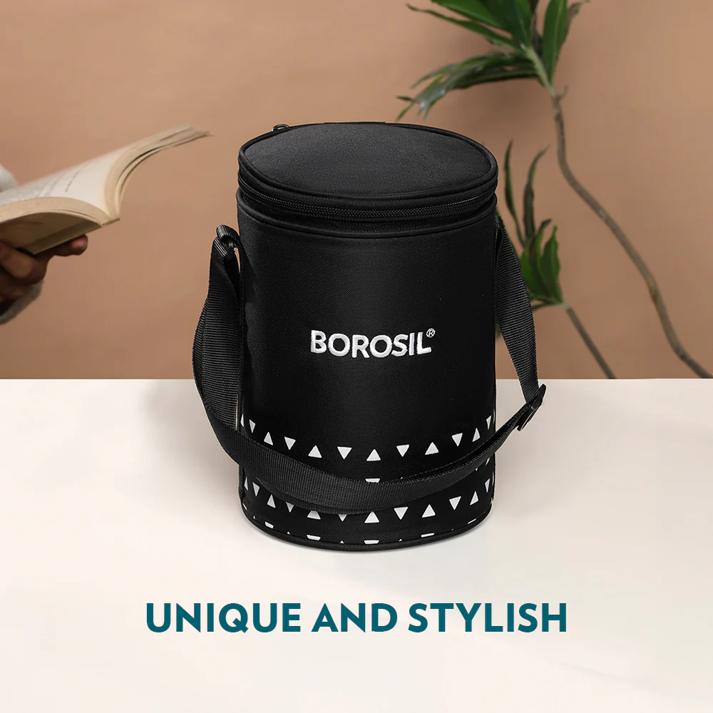 Borosil Kube Black Glass Lunch Box, Round x 3 (Tall), Set of 3, 400ml