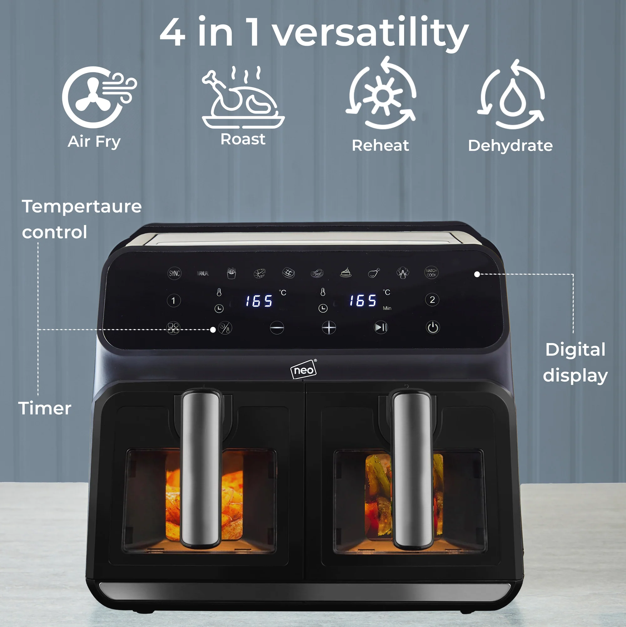 Neo Electric Digital Air Fryer Black 8.5L with Dual Drawer & Glass Viewing Window