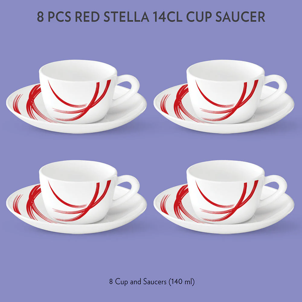 Larah by Borosil Red Stella Cup n Saucer Set, 140ml x 12