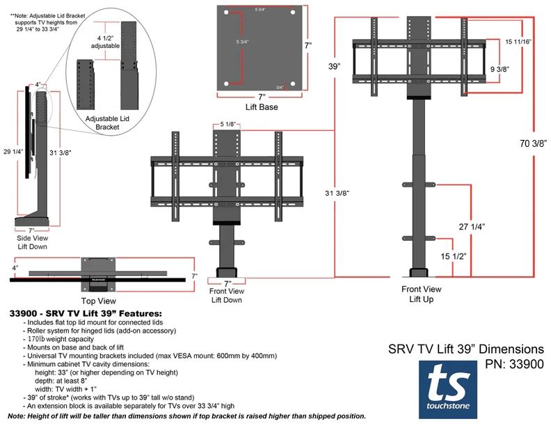 SRV Smart Wifi 33900 Pro Smart TV Lift Mechanism for 70 Inch Flat screen TVs