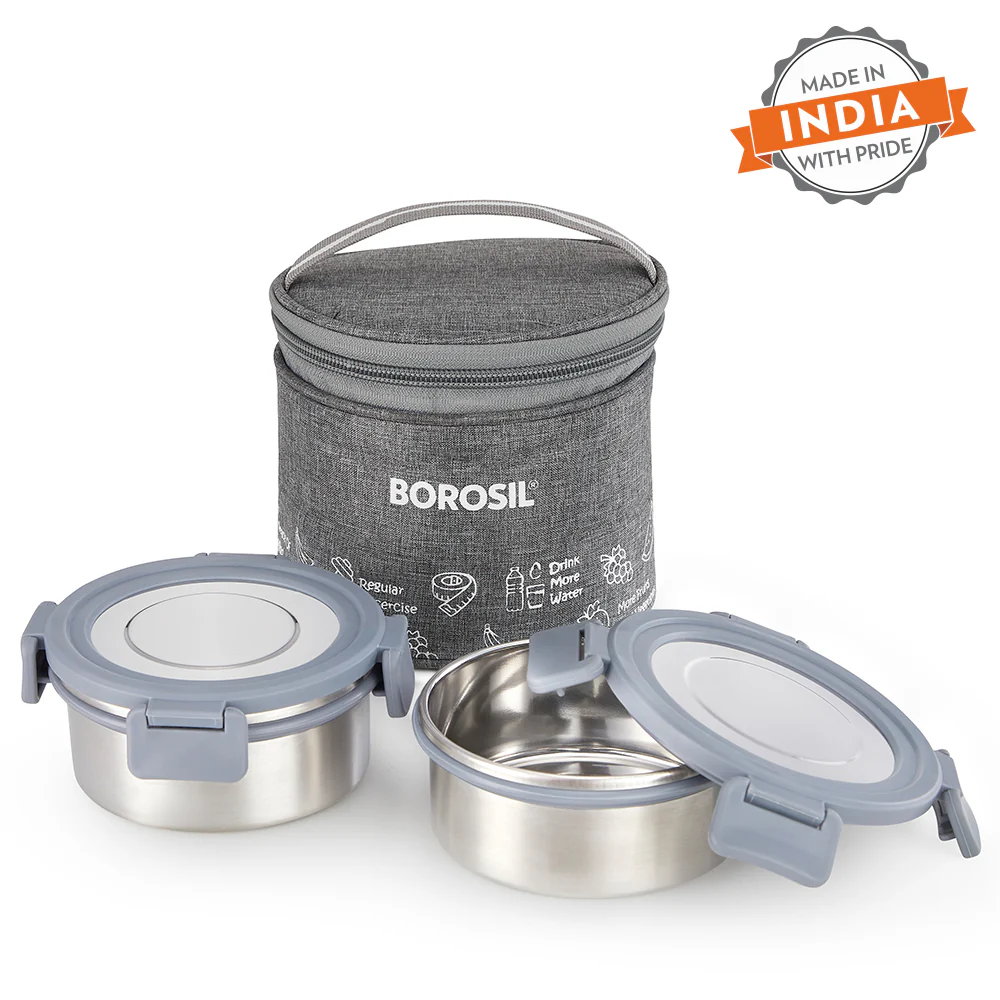 Borosil Slate Stainless Steel Lunchbox, Set of 2, Tall, 280ml
