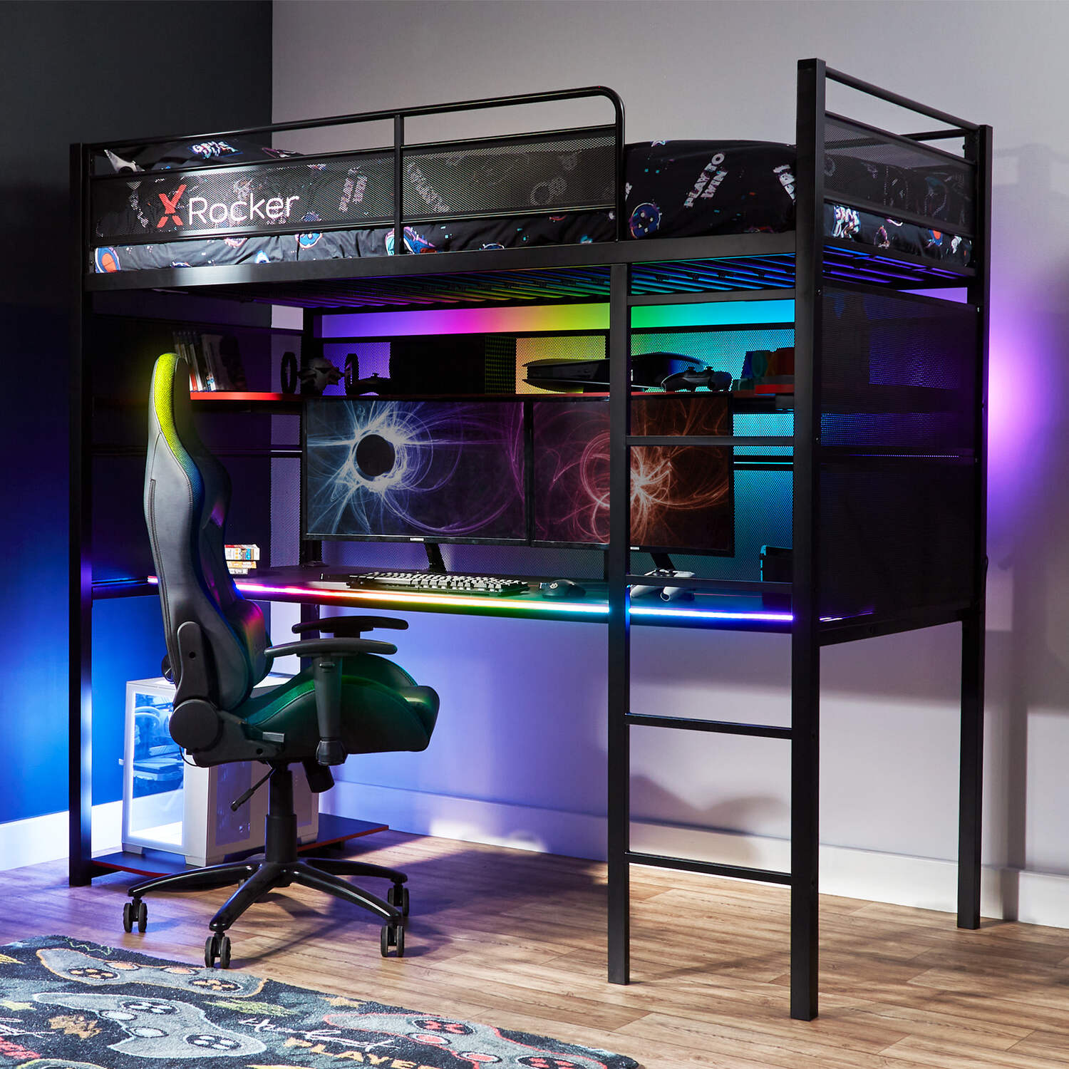 Battlebunk RGB LED High Sleeper Gaming Bunk Bed with Desk - Black