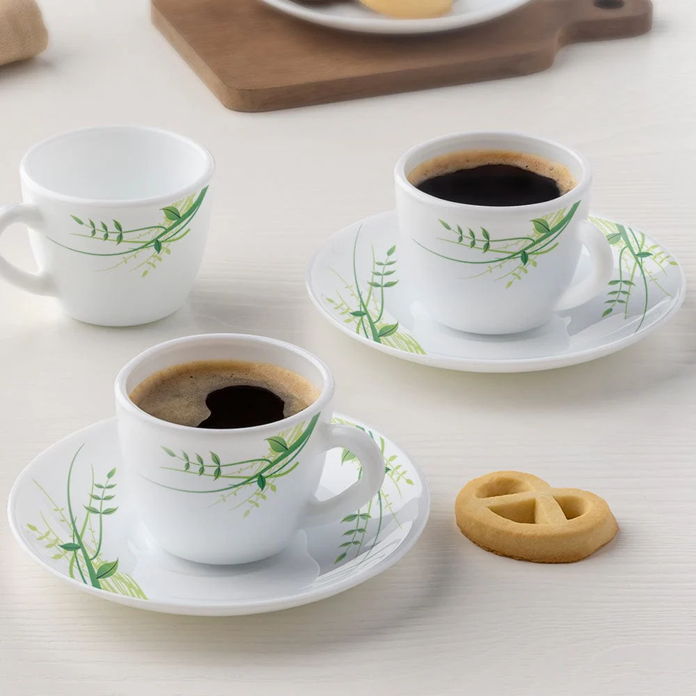Larah by Borosil Green Herbs Cup n Saucer Set, 140ml x 8