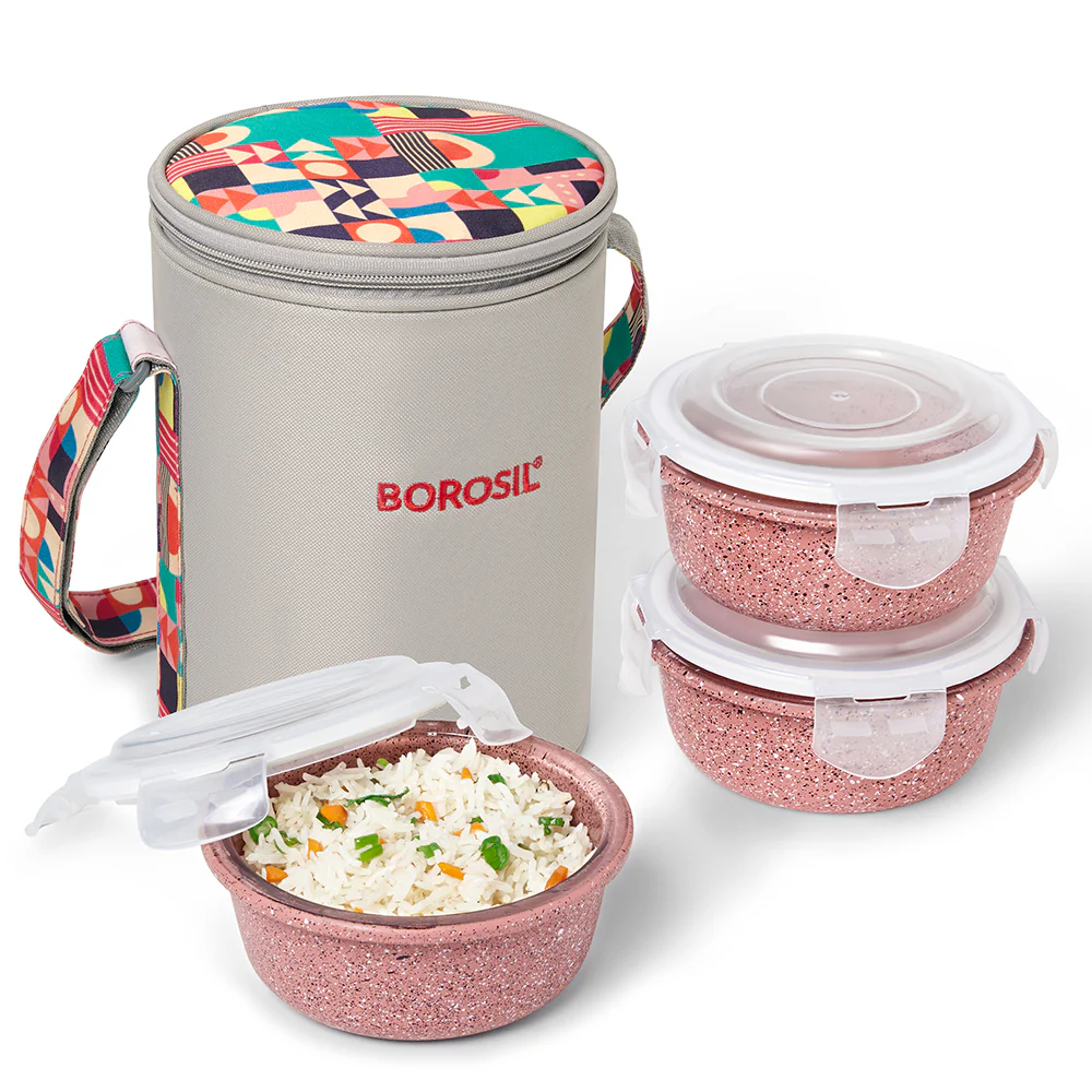 Borosil Kube Pink Glass Lunch Box, Round x 3 (Tall), Set of 3, 400ml