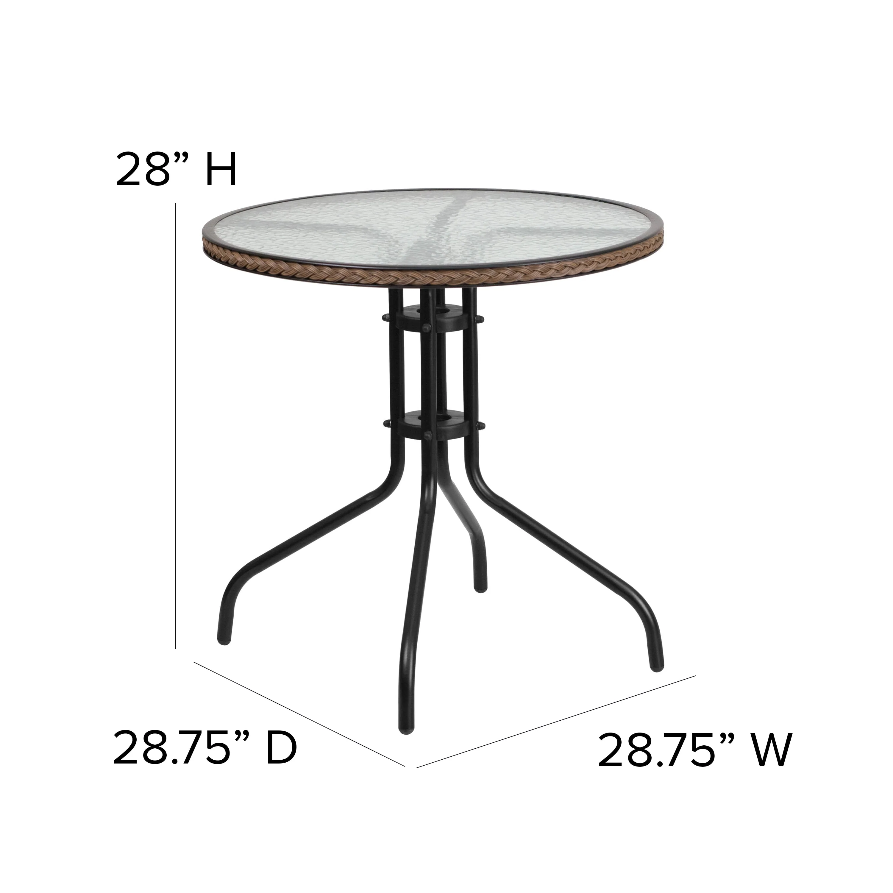 28 Inches Round Glass Metal Table with Rattan Edging and 2 Rattan Stack Chairs