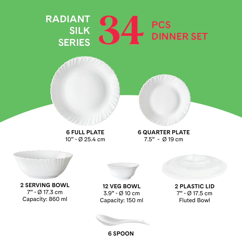 Larah by Borosil, Radiant Dinner Set, 34 pc
