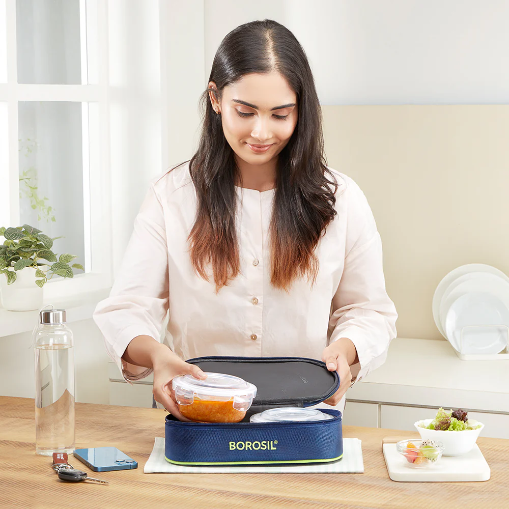 Borosil Blue Glass Lunchbox, Round x 2 (Flat), 400ml x 2