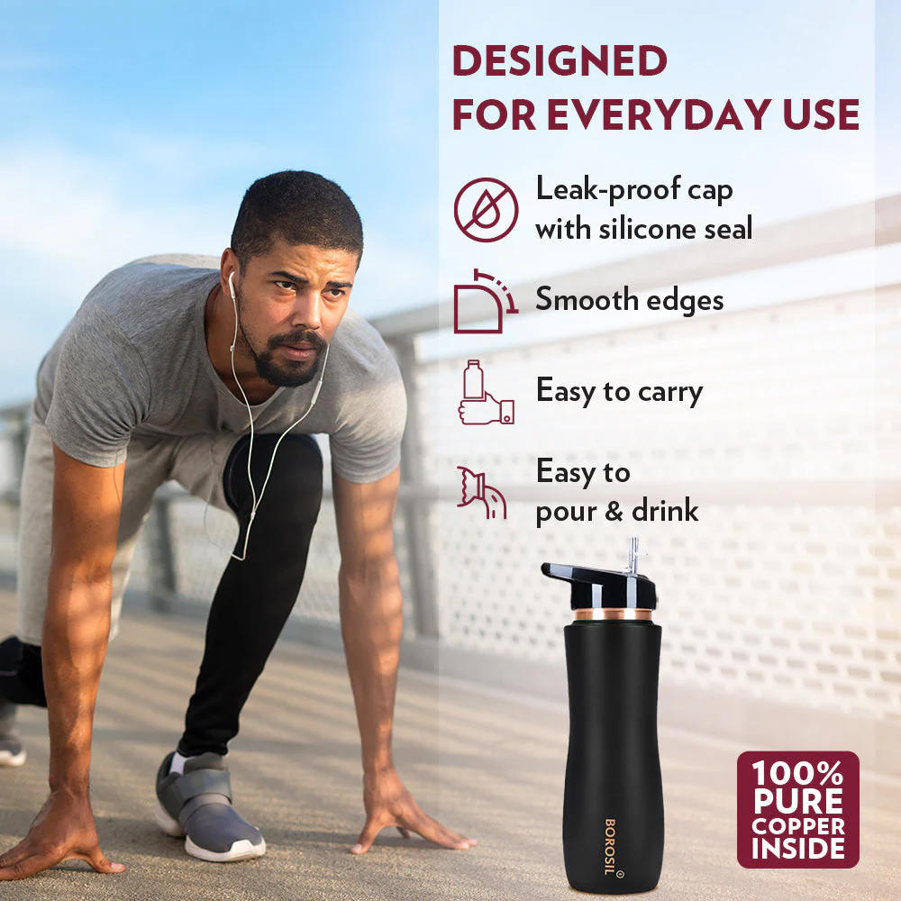 Borosil Sipper Copper Bottle, Black, 750ml