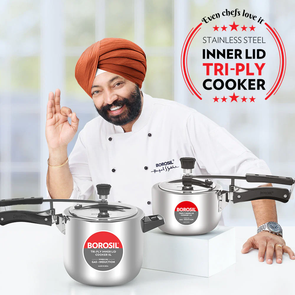 Borosil Inner Lid Tri-Ply Pressure Cooker, 3.5L