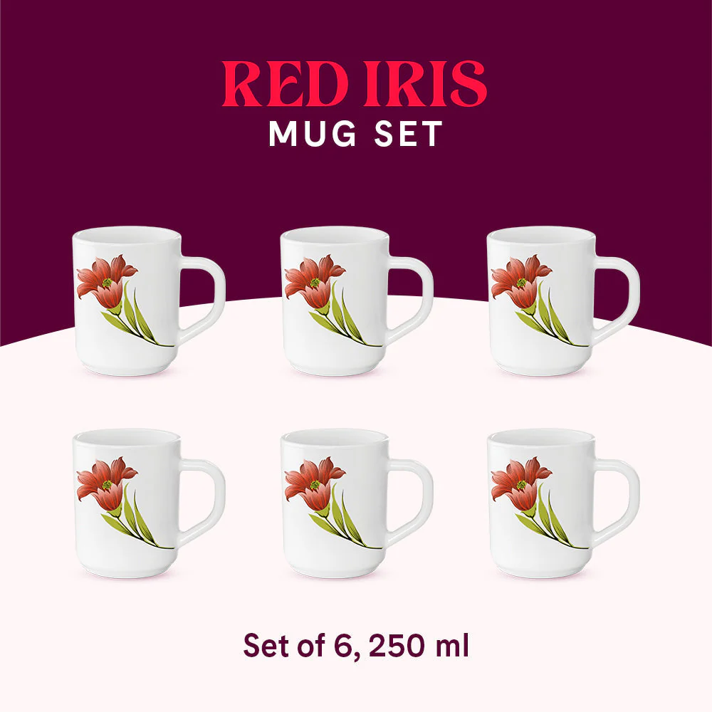 Larah by Borosil Red Iris Mug Set, 240ml x 2