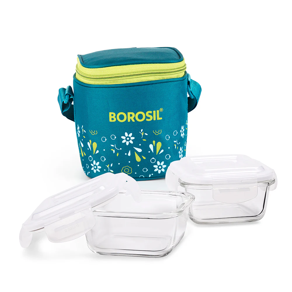 Borosil Grace Marine Glass Lunchbox, Square x 2 (Tall)