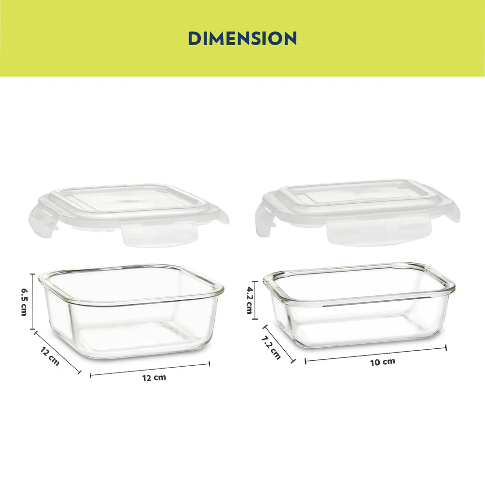 Alfa Aroma Green Glass Lunch Box, Square x 4, Set of 4 (320ml x 3 + 120ml x 1)