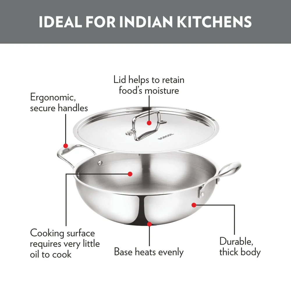 Borosil Cookfresh Triply Kadhai (SS Handle + Lid), 2.1L