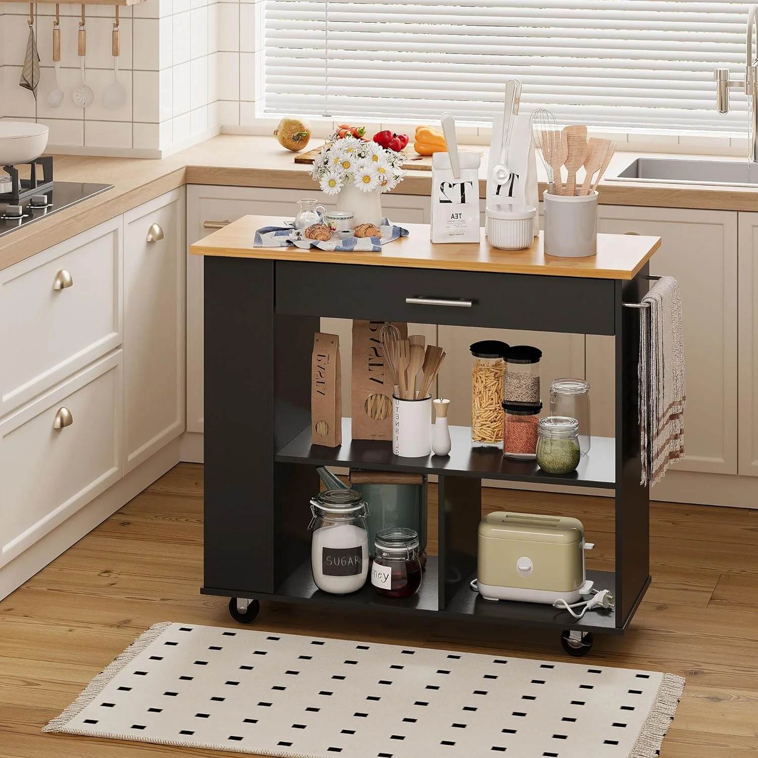 Small Kitchen Island on Wheels with 3-Tier Side Spice Rack and Rubber Wood Top